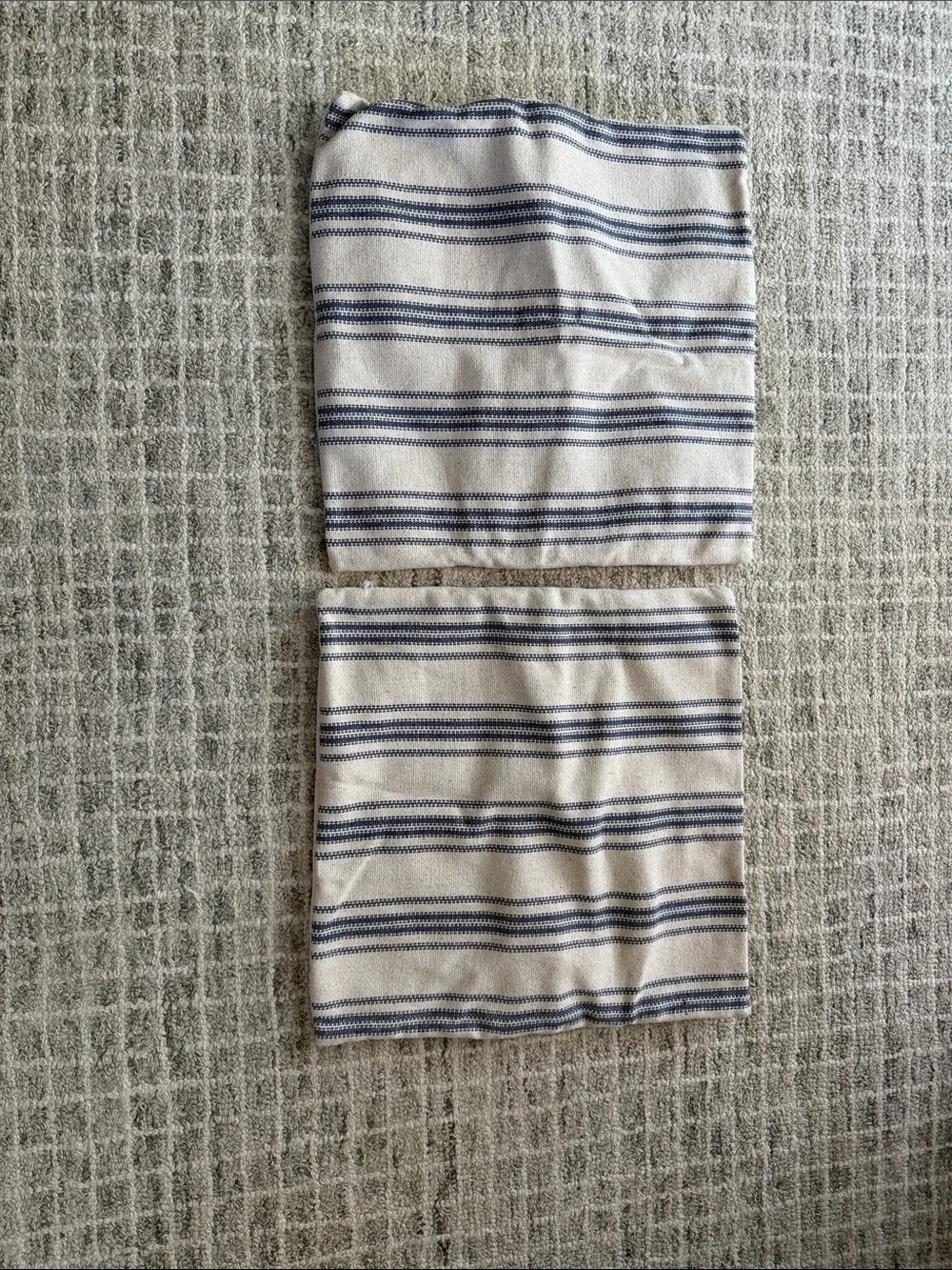 Burlap pillow covers, ticking stripe, navy and off white. 15.5”x15.5” NEW